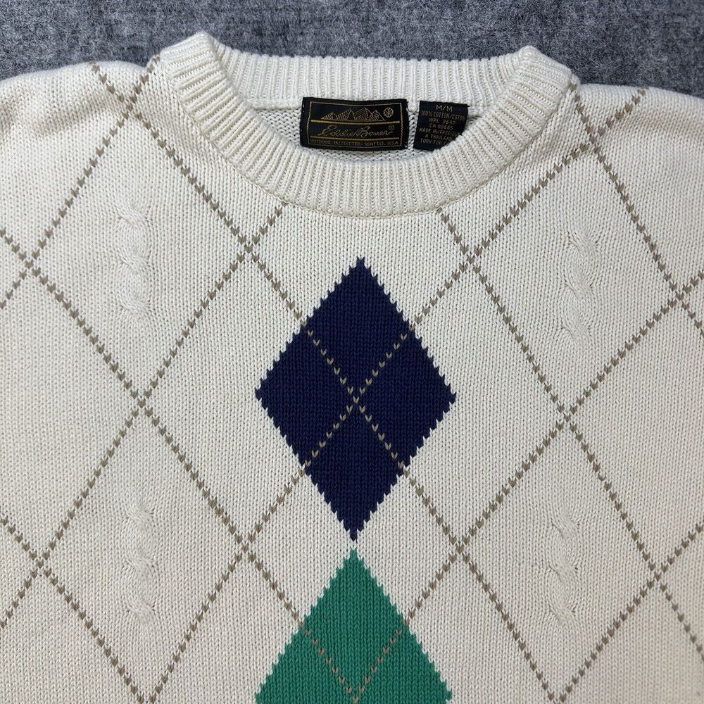 80s Eddie Bauer Sweater Men Medium Argyle Cream Preppy Soft Academia True Vintag